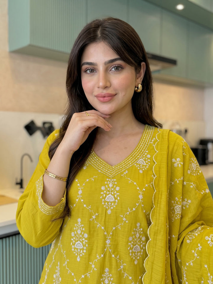 Mustard Embroidered Chanderi Kurta With Pant &amp; Dupatta