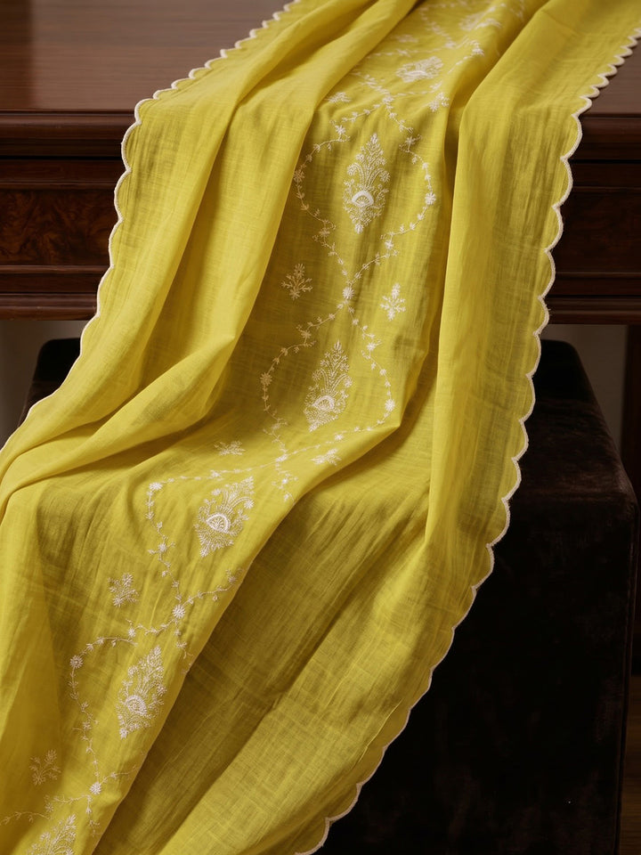 Mustard Embroidered Chanderi Kurta With Pant &amp; Dupatta