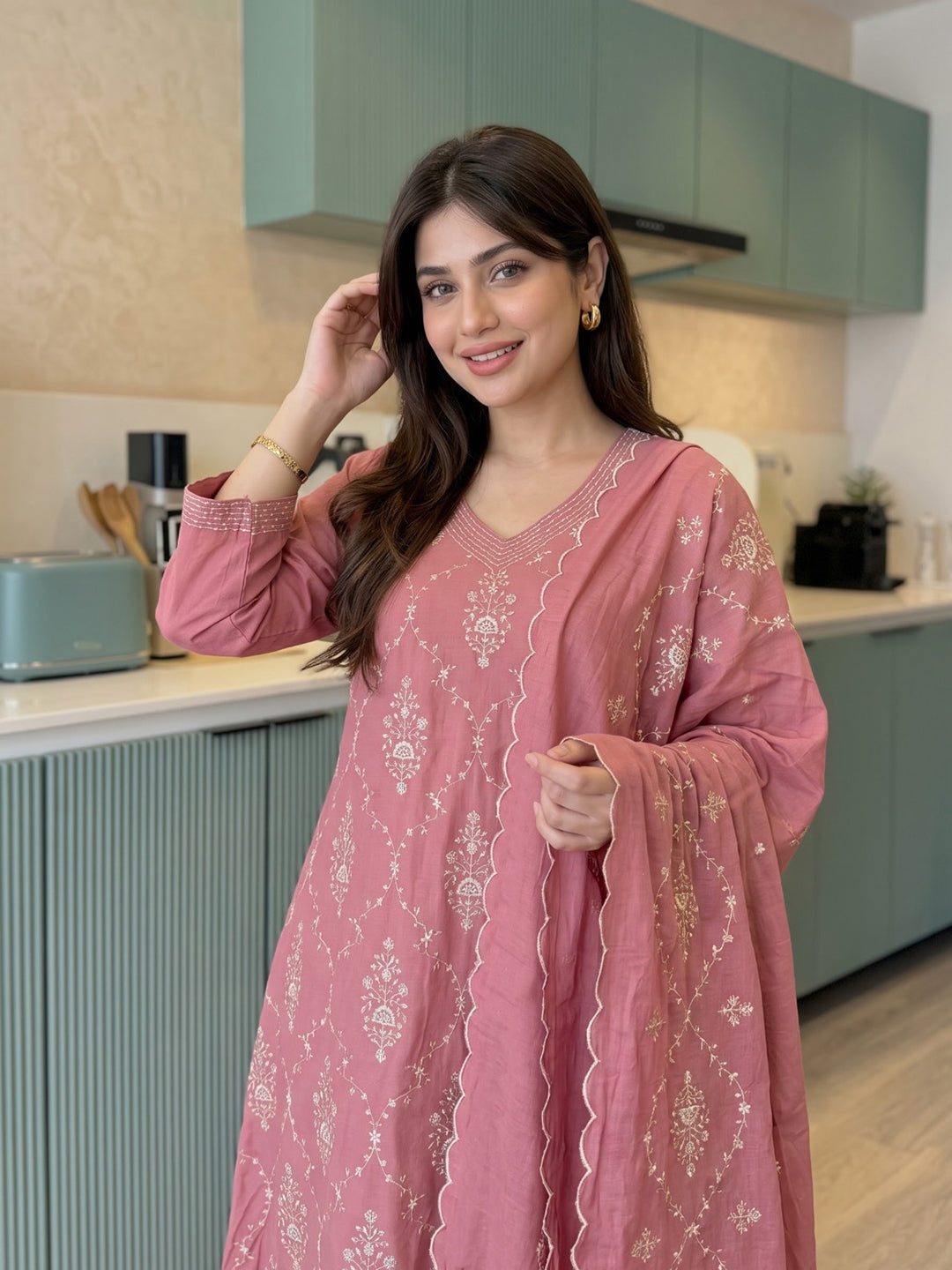 Pink Embroidered Chanderi Kurta With Pant &amp; Dupatta