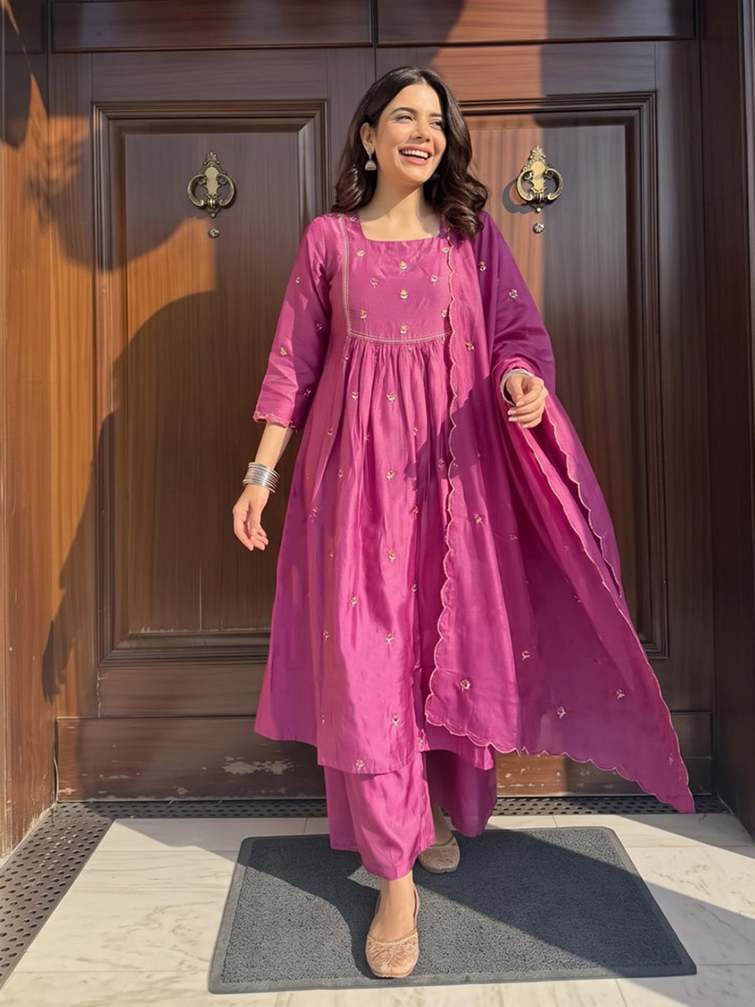 Pink Printed Chanderi Kurta With Pant &amp; Dupatta