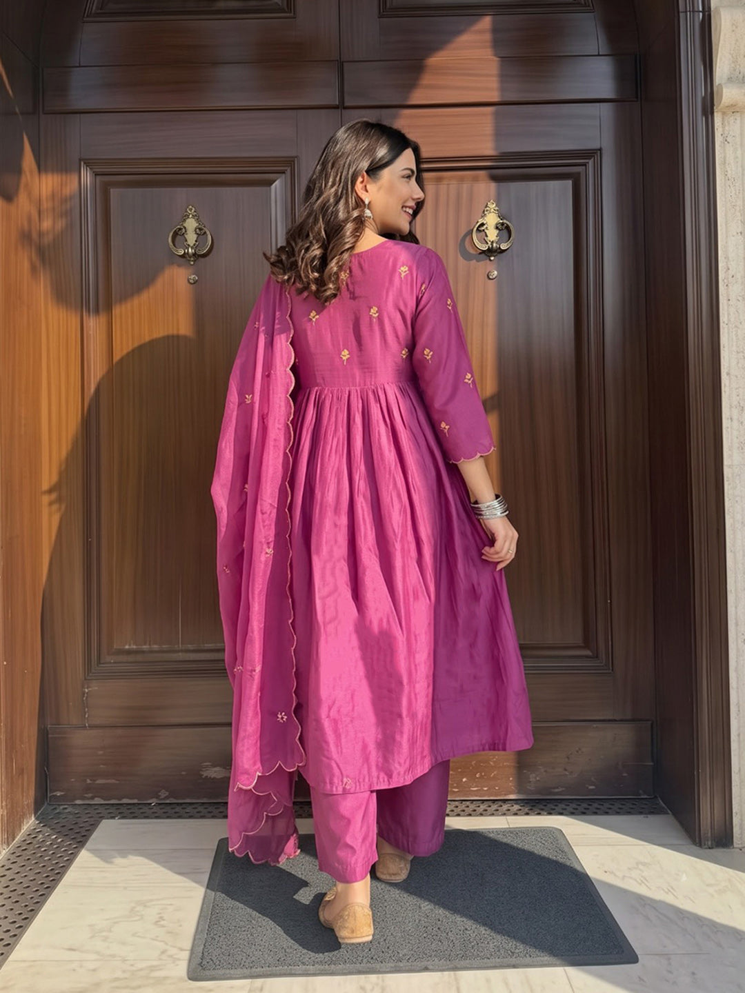 Pink Printed Chanderi Kurta With Pant &amp; Dupatta