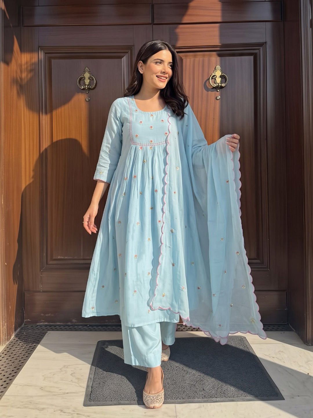 Sky Blue Printed Chanderi Kurta With Pant &amp; Dupatta