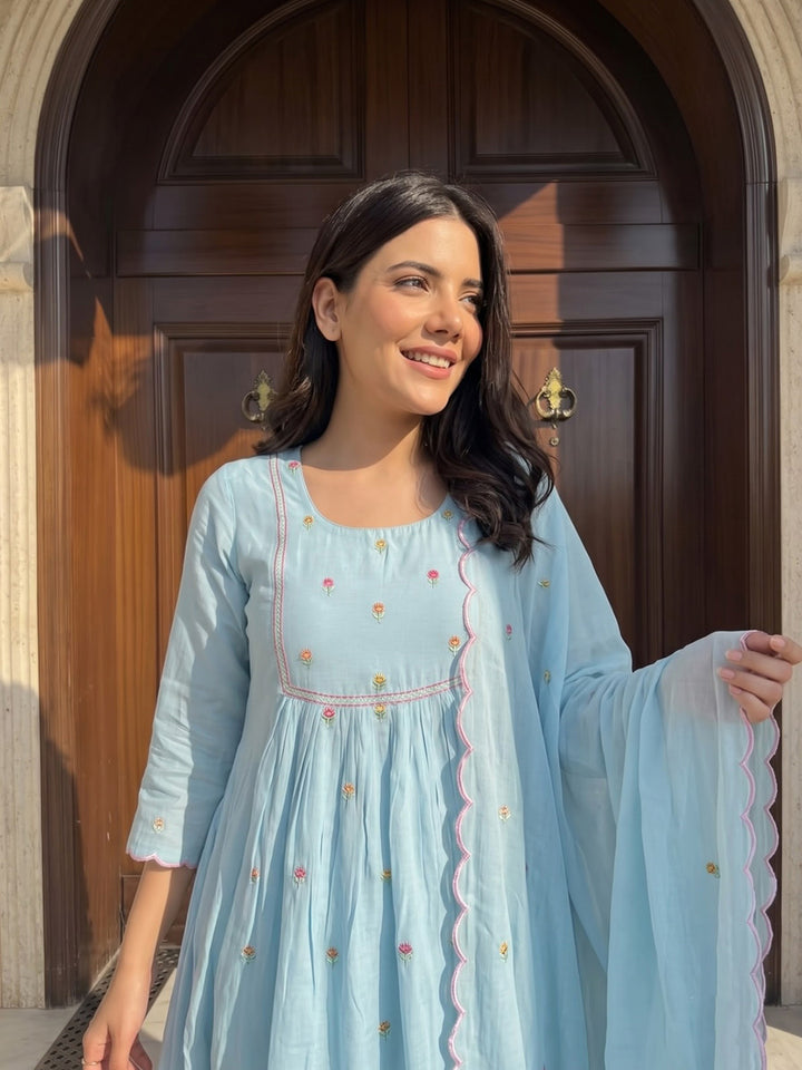 Sky Blue Printed Chanderi Kurta With Pant &amp; Dupatta