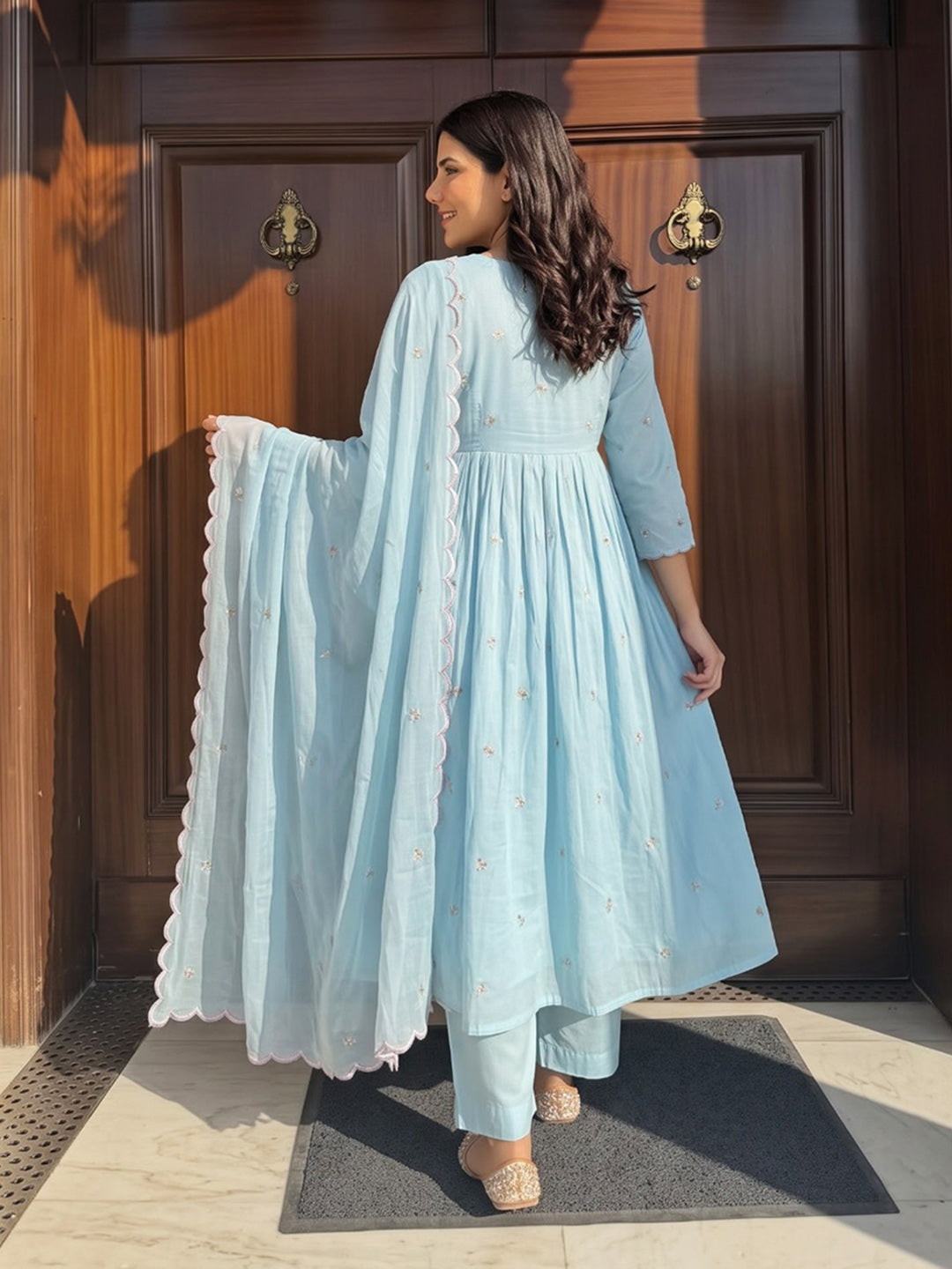 Sky Blue Printed Chanderi Kurta With Pant &amp; Dupatta