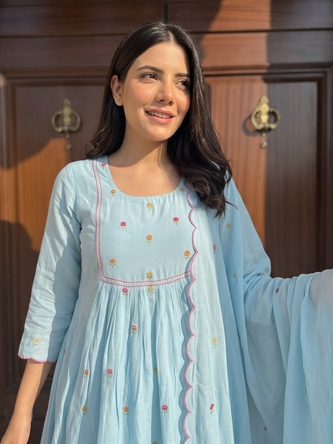 Sky Blue Printed Chanderi Kurta With Pant &amp; Dupatta