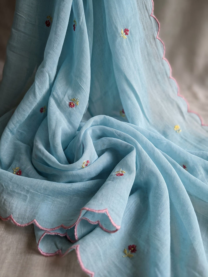 Sky Blue Printed Chanderi Kurta With Pant &amp; Dupatta