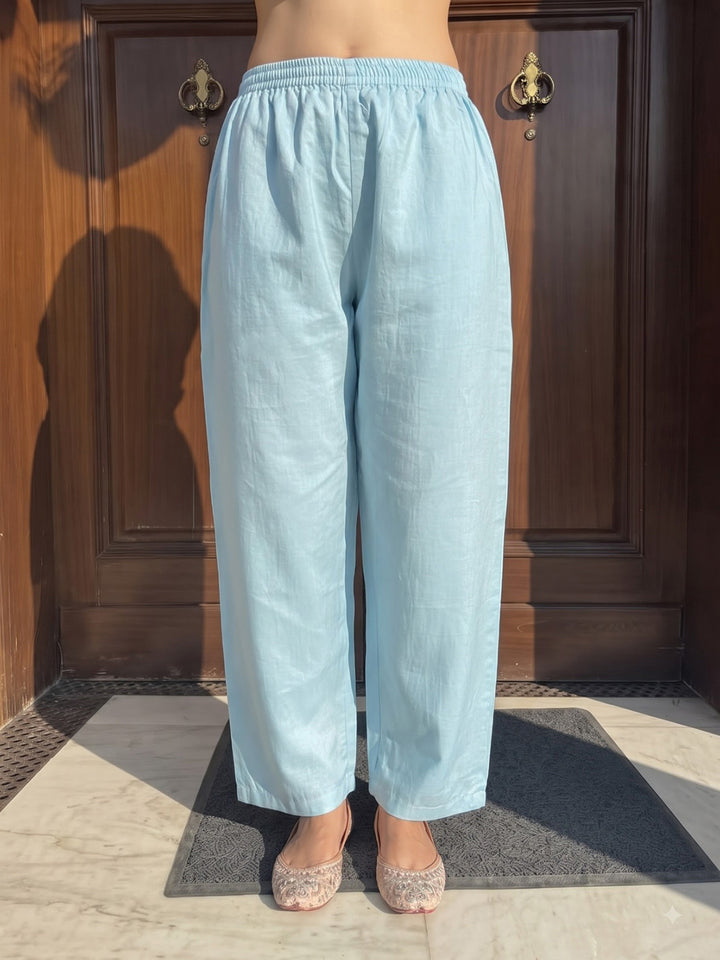Sky Blue Printed Chanderi Kurta With Pant &amp; Dupatta