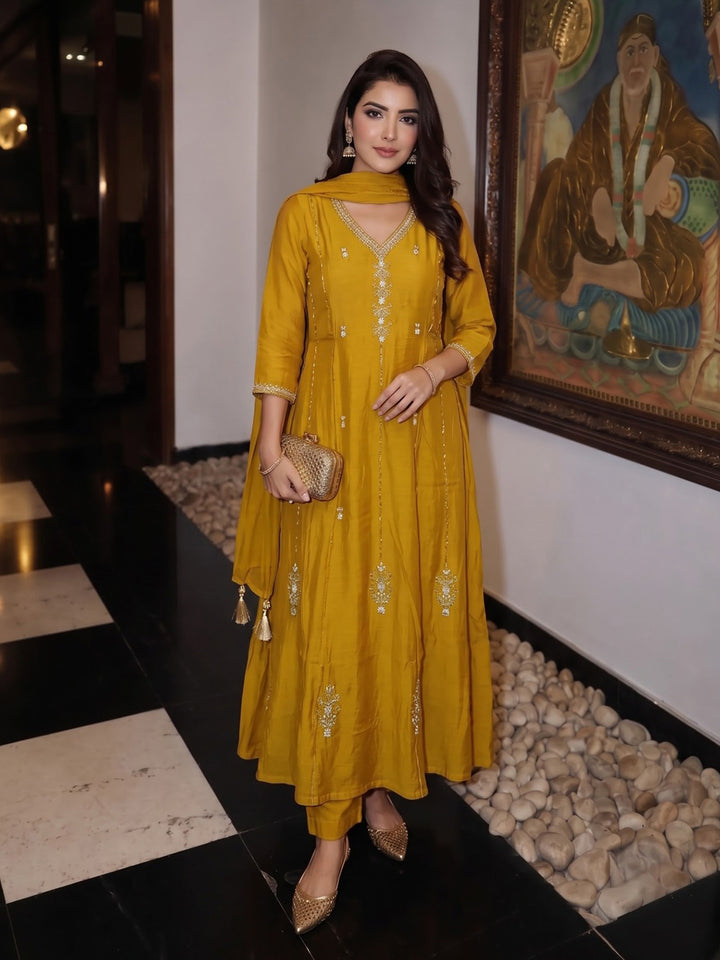 Mustard Embroidered Chanderi Kurta With Pant &amp; Dupatta