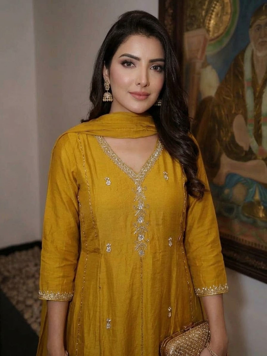 Mustard Embroidered Chanderi Kurta With Pant &amp; Dupatta