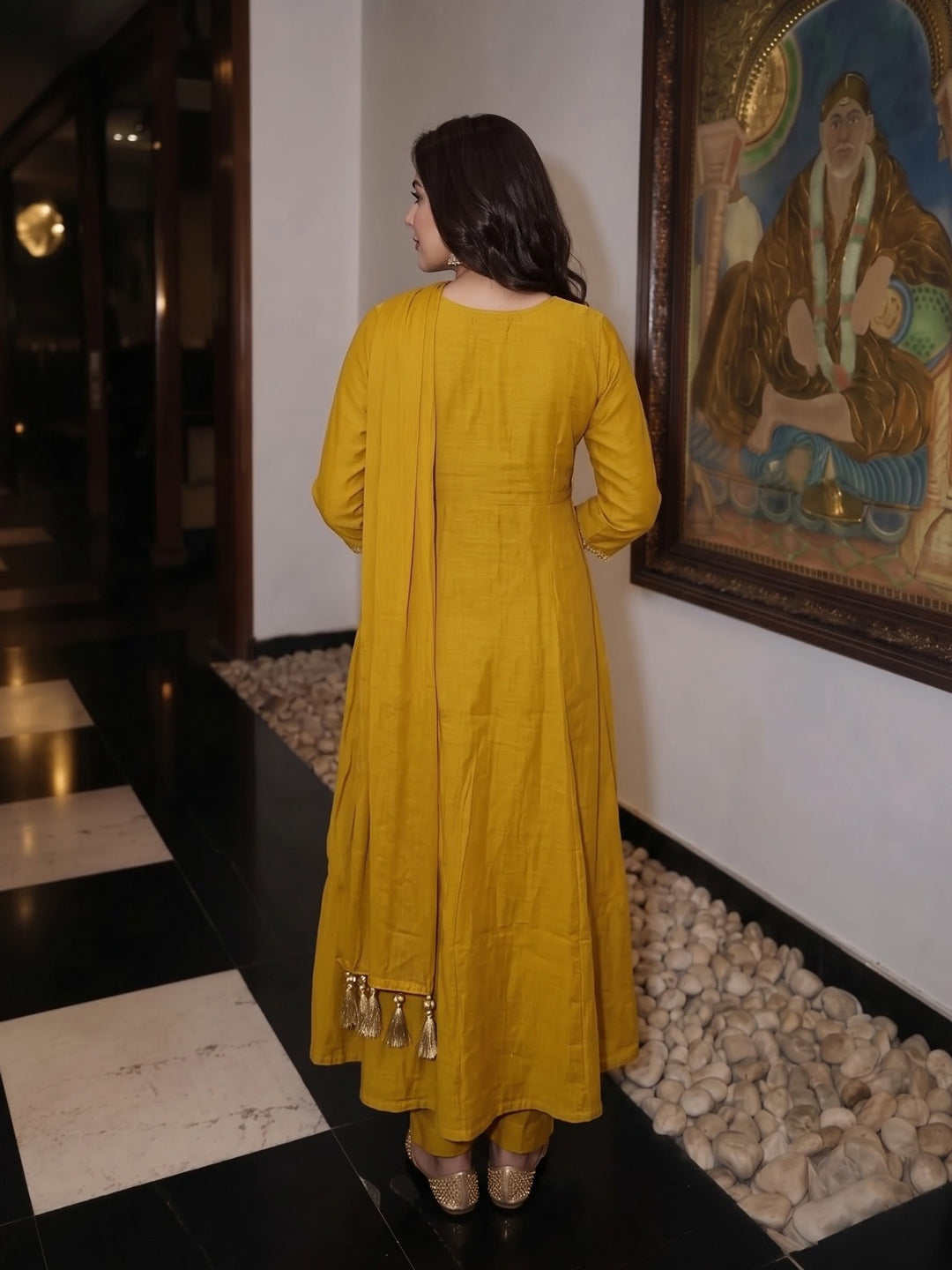 Mustard Embroidered Chanderi Kurta With Pant &amp; Dupatta