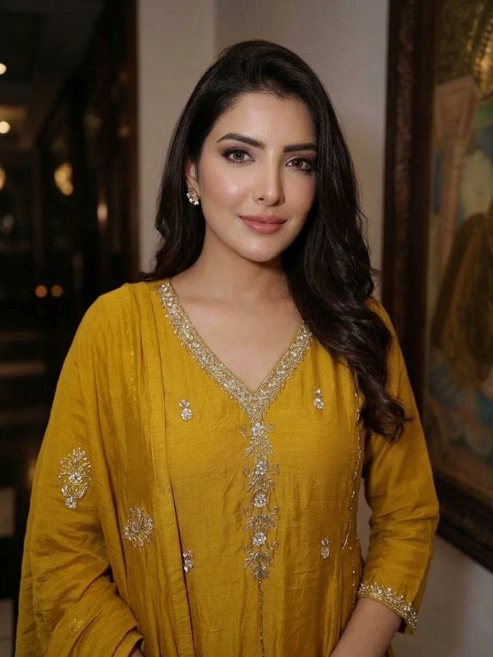 Mustard Embroidered Chanderi Kurta With Pant &amp; Dupatta