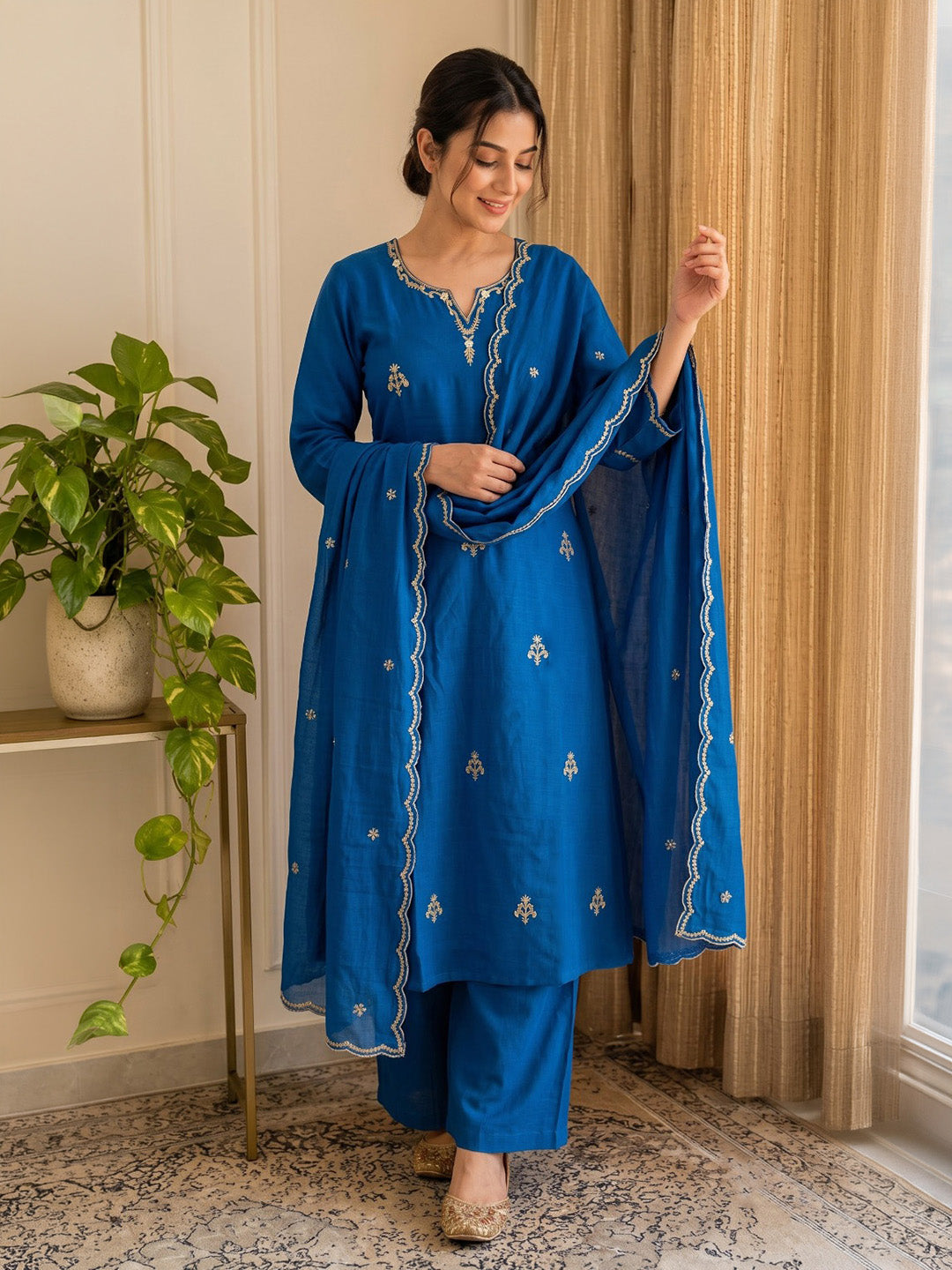 Blue Embroidered Chanderi Kurta With Pant &amp; Dupatta