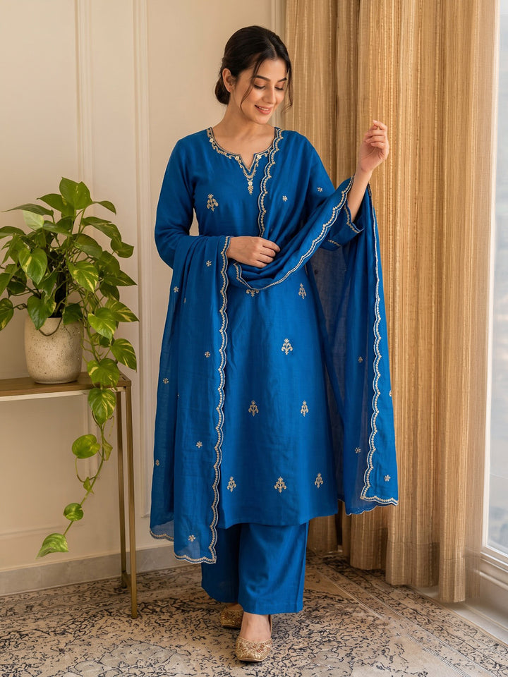 Blue Embroidered Chanderi Kurta With Pant &amp; Dupatta