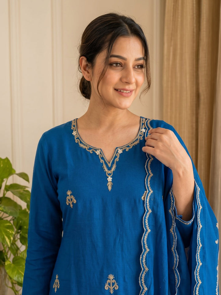 Blue Embroidered Chanderi Kurta With Pant &amp; Dupatta