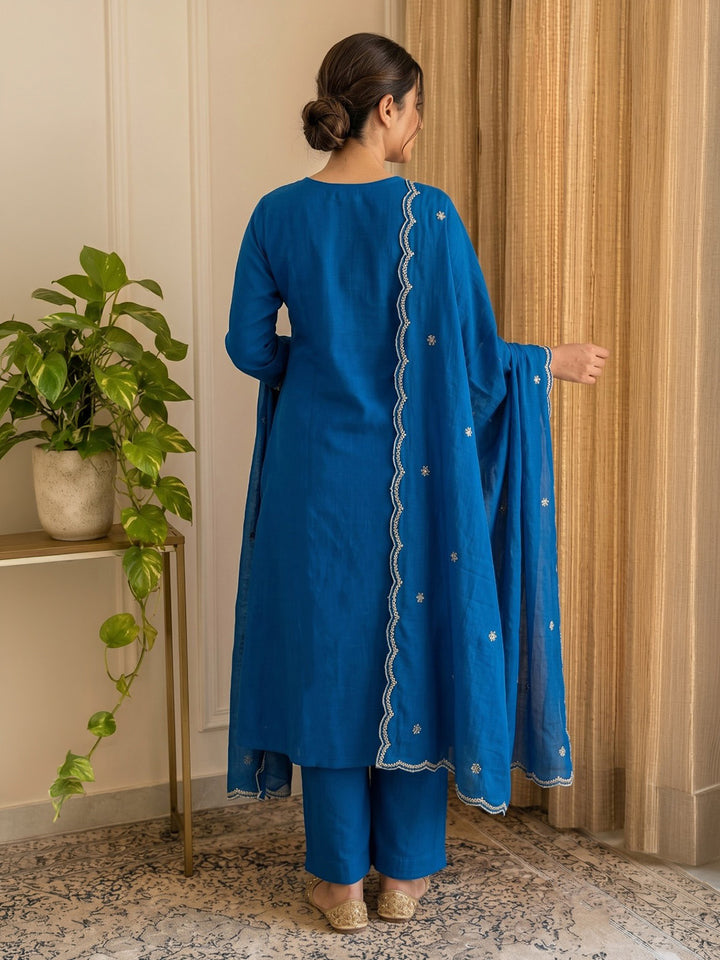 Blue Embroidered Chanderi Kurta With Pant &amp; Dupatta