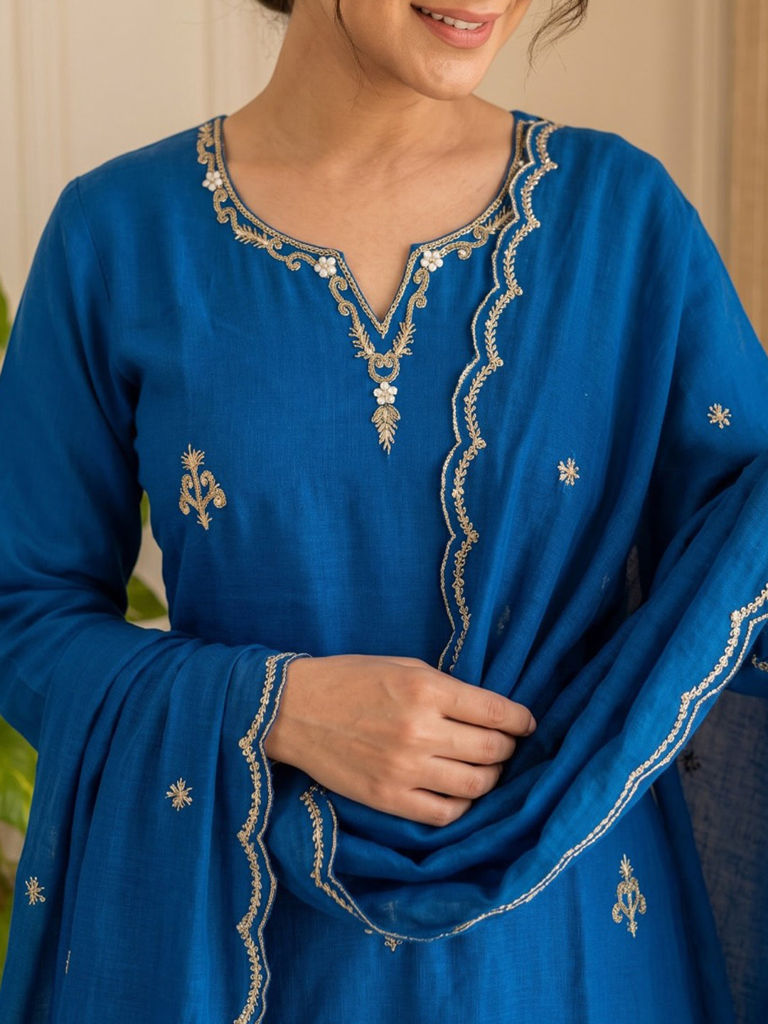 Blue Embroidered Chanderi Kurta With Pant &amp; Dupatta