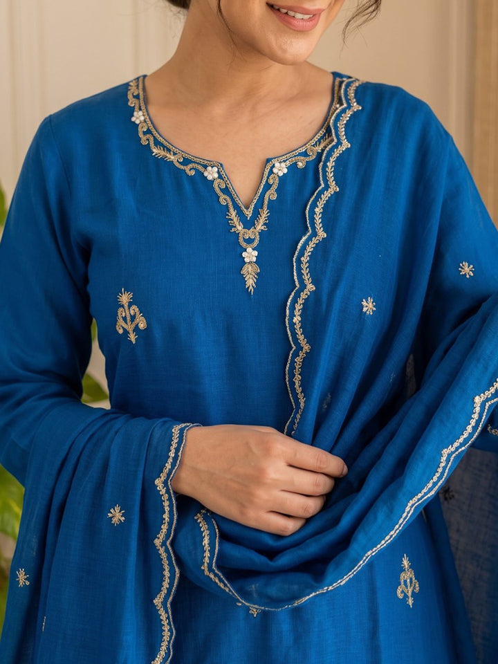 Blue Embroidered Chanderi Kurta With Pant &amp; Dupatta