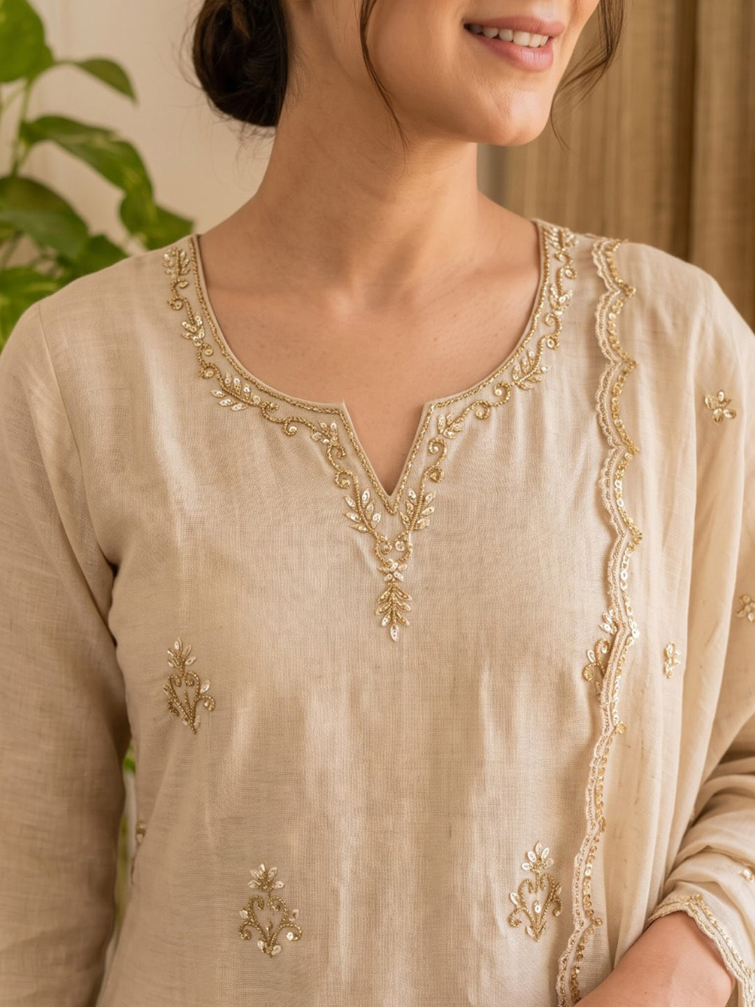Cream Embroidered Chanderi Kurta With Pant &amp; Dupatta