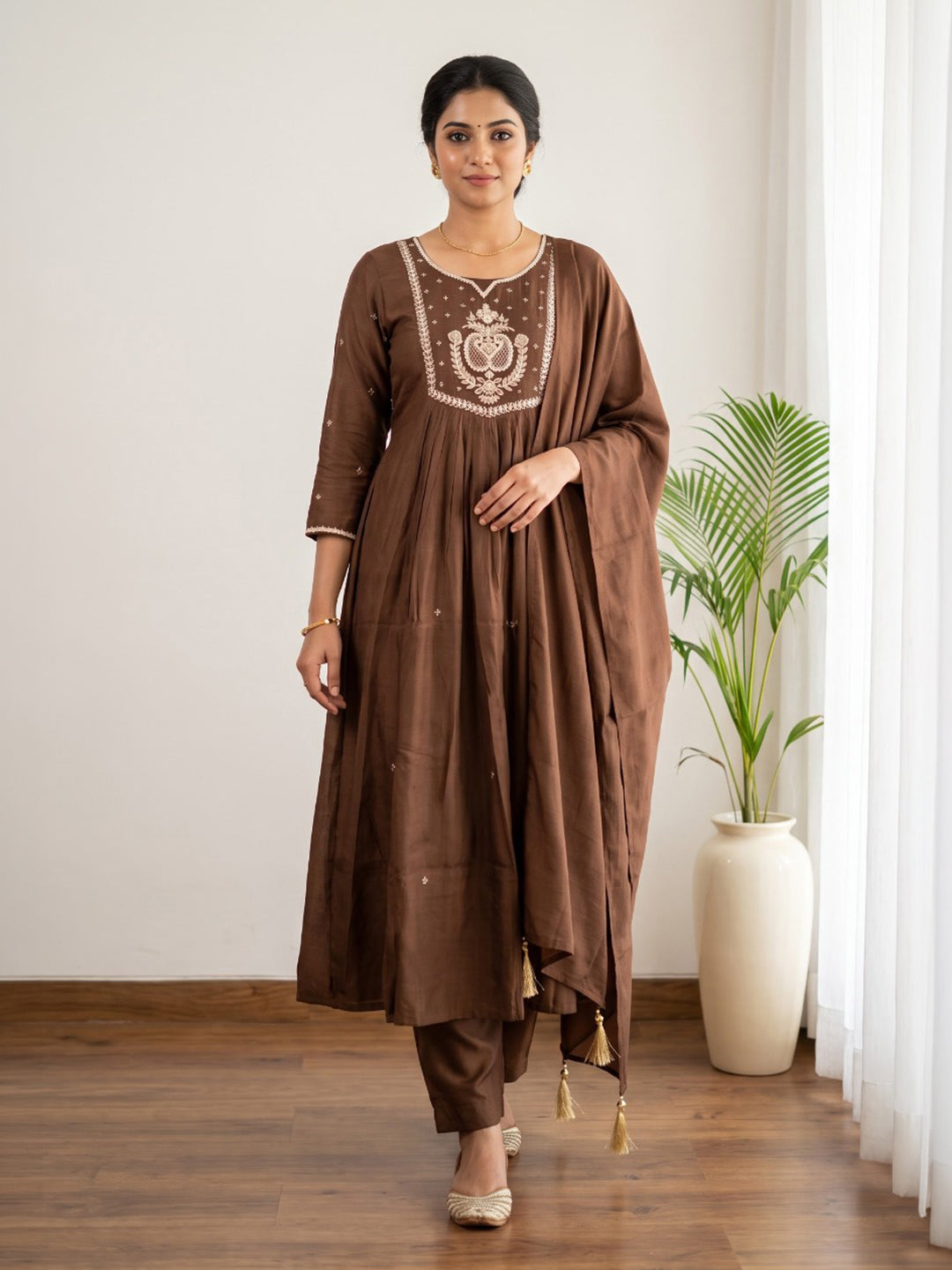 Brown Printed Cotton Blend Kurta With Pant &amp; Dupatta