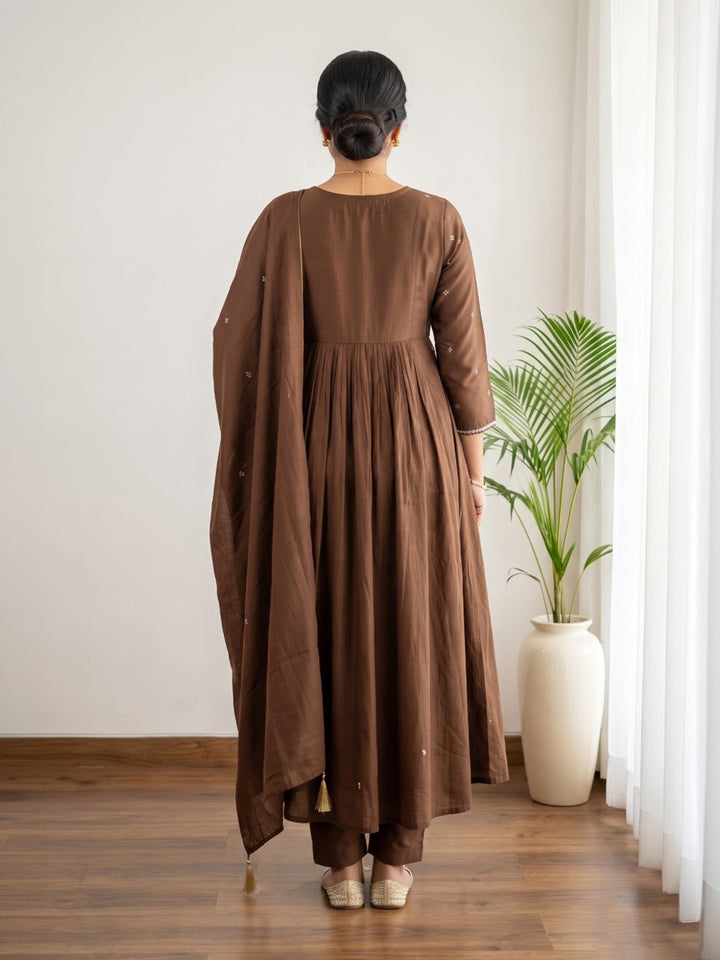 Brown Printed Cotton Blend Kurta With Pant &amp; Dupatta