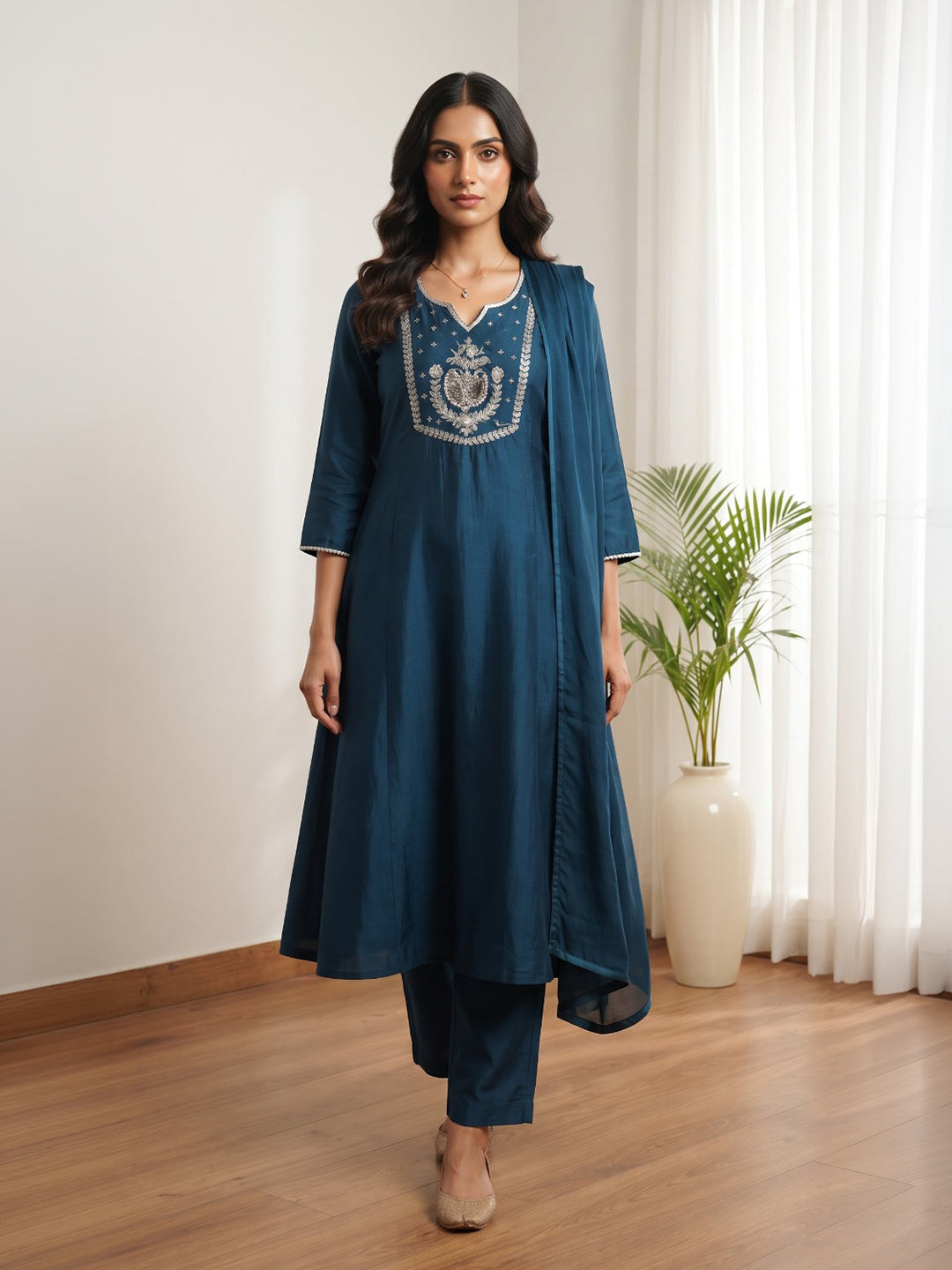 Teal Blue Printed Cotton Blend Kurta With Pant &amp; Dupatta