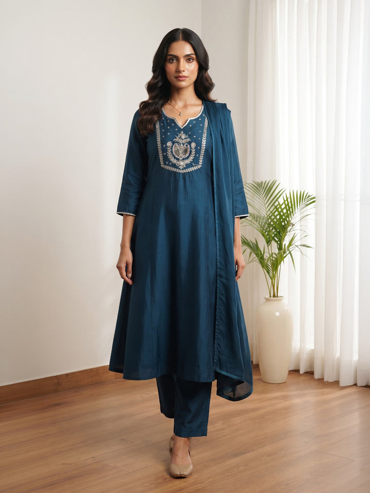 Teal Blue Printed Cotton Blend Kurta With Pant &amp; Dupatta