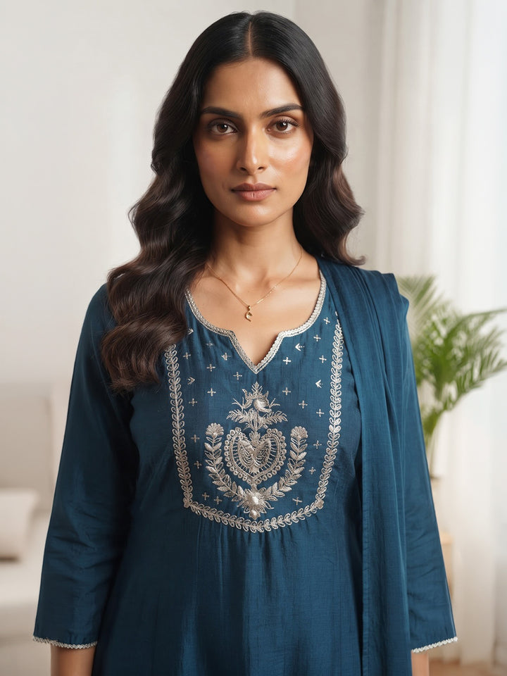 Teal Blue Printed Cotton Blend Kurta With Pant &amp; Dupatta