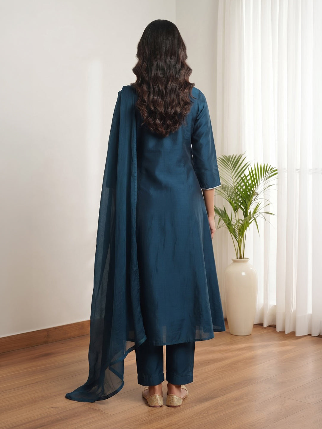 Teal Blue Printed Cotton Blend Kurta With Pant &amp; Dupatta