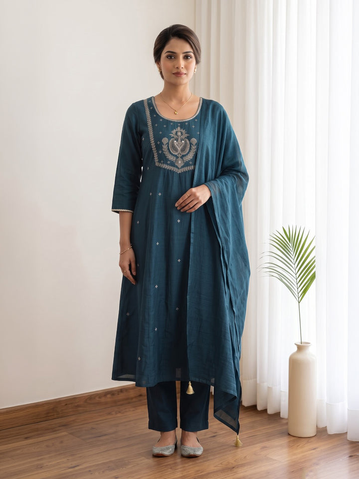 Teal Blue Printed Cotton Blend Kurta With Pant &amp; Dupatta