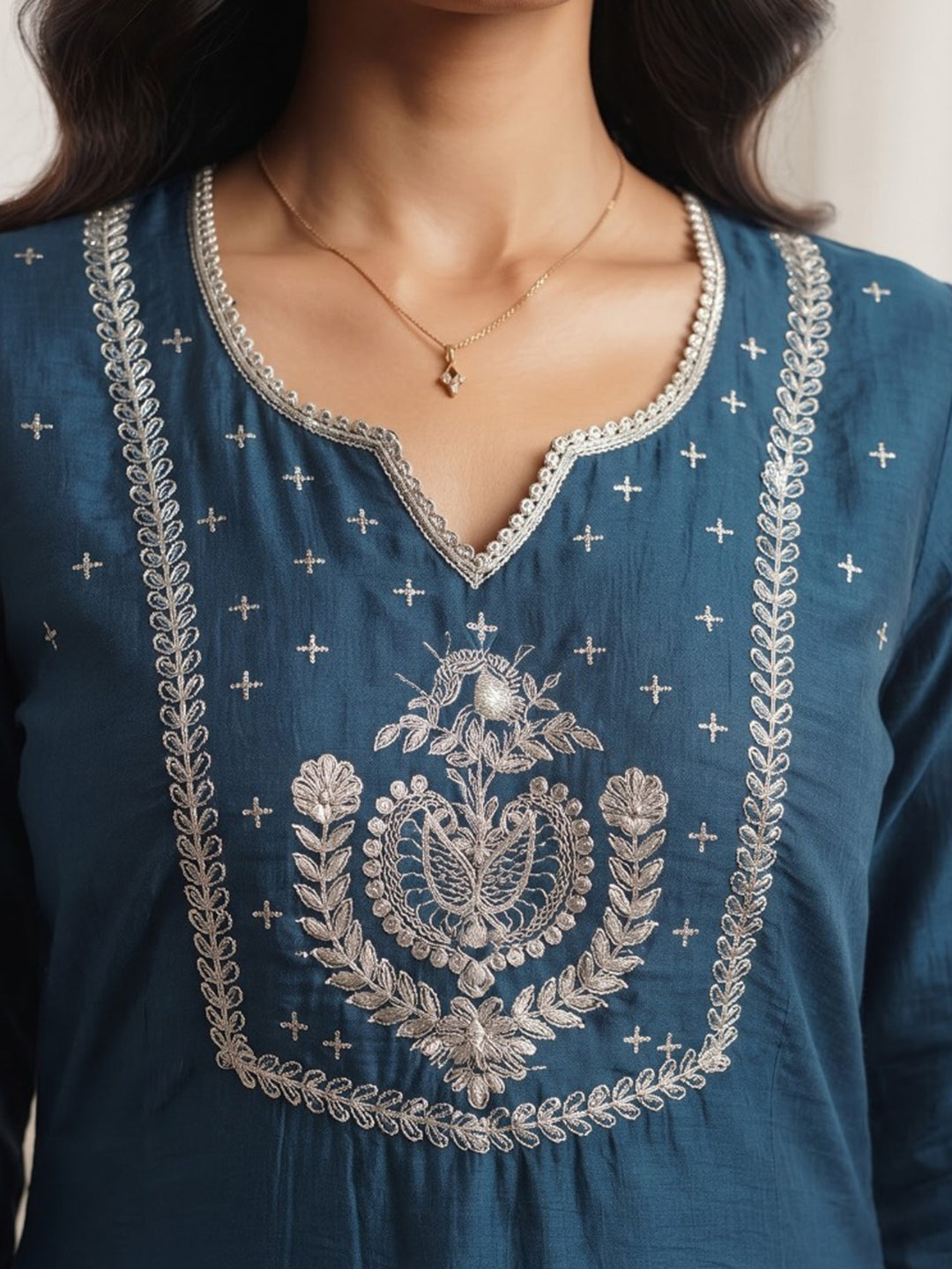 Teal Blue Printed Cotton Blend Kurta With Pant &amp; Dupatta