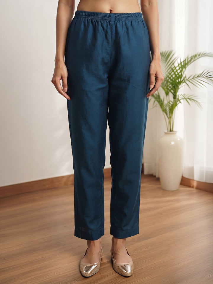 Teal Blue Printed Cotton Blend Kurta With Pant &amp; Dupatta