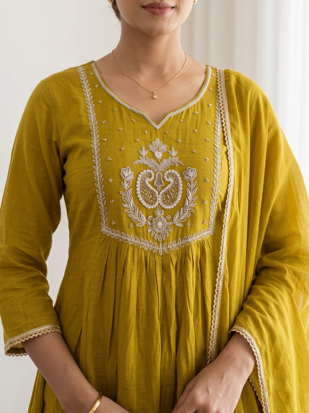 Yellow Printed Cotton Blend Kurta With Pant &amp; Dupatta