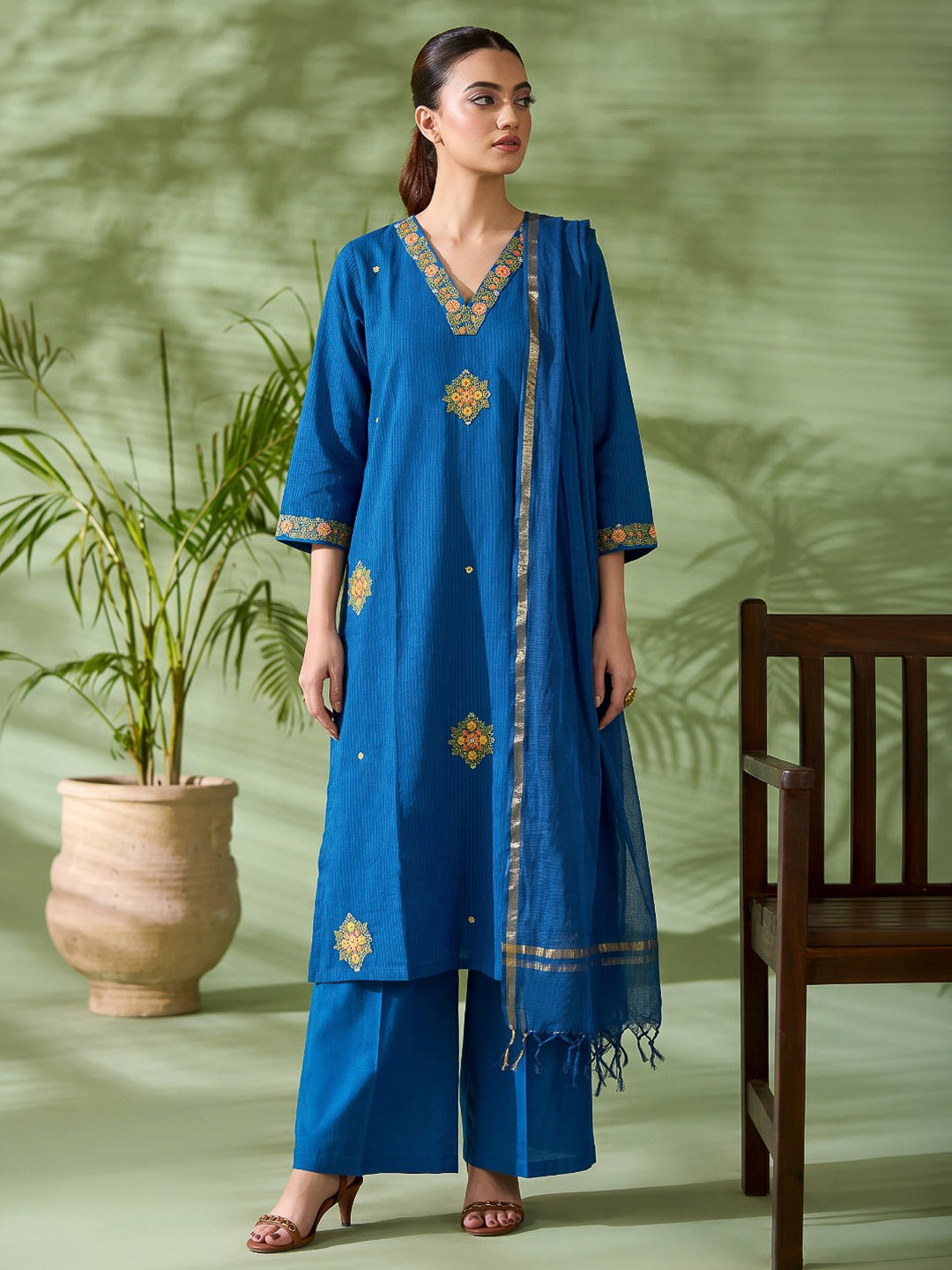 Blue Printed Cotton Blend Kurta With Pant &amp; Dupatta