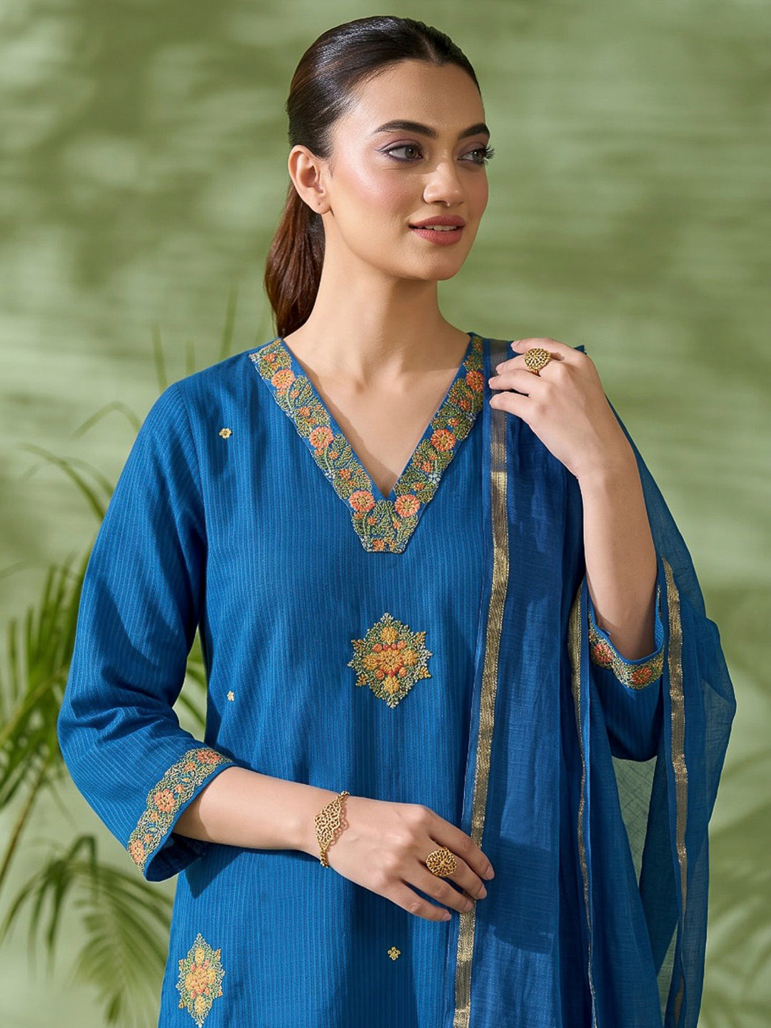 Blue Printed Cotton Blend Kurta With Pant &amp; Dupatta