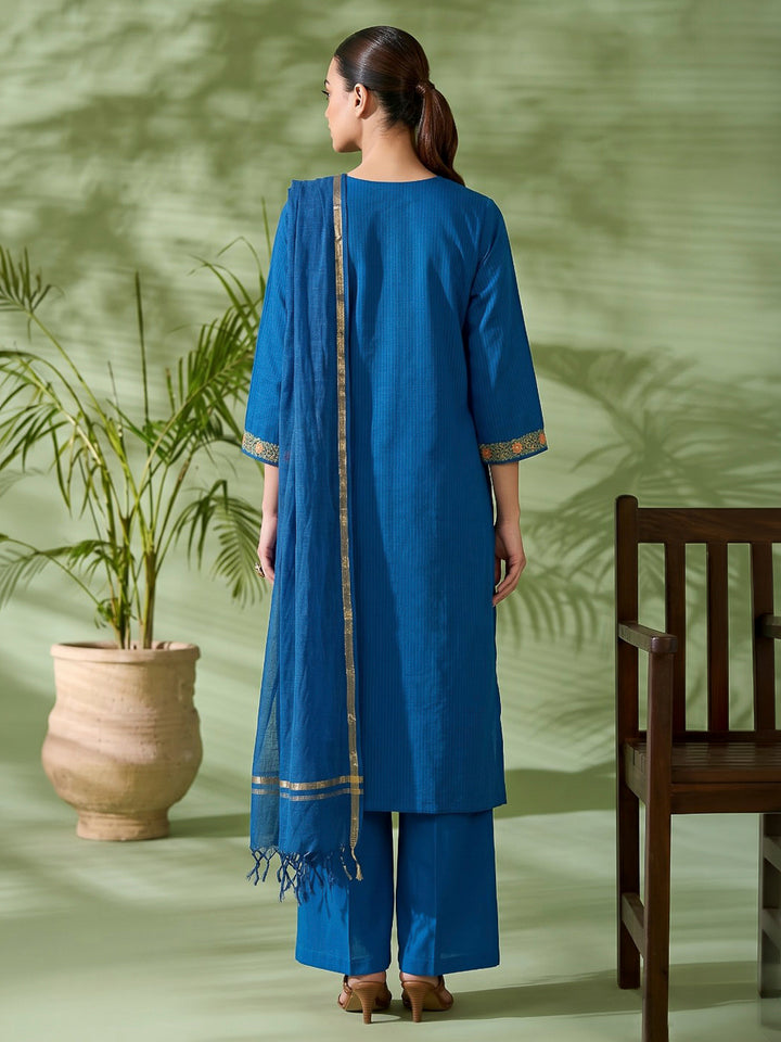 Blue Printed Cotton Blend Kurta With Pant &amp; Dupatta