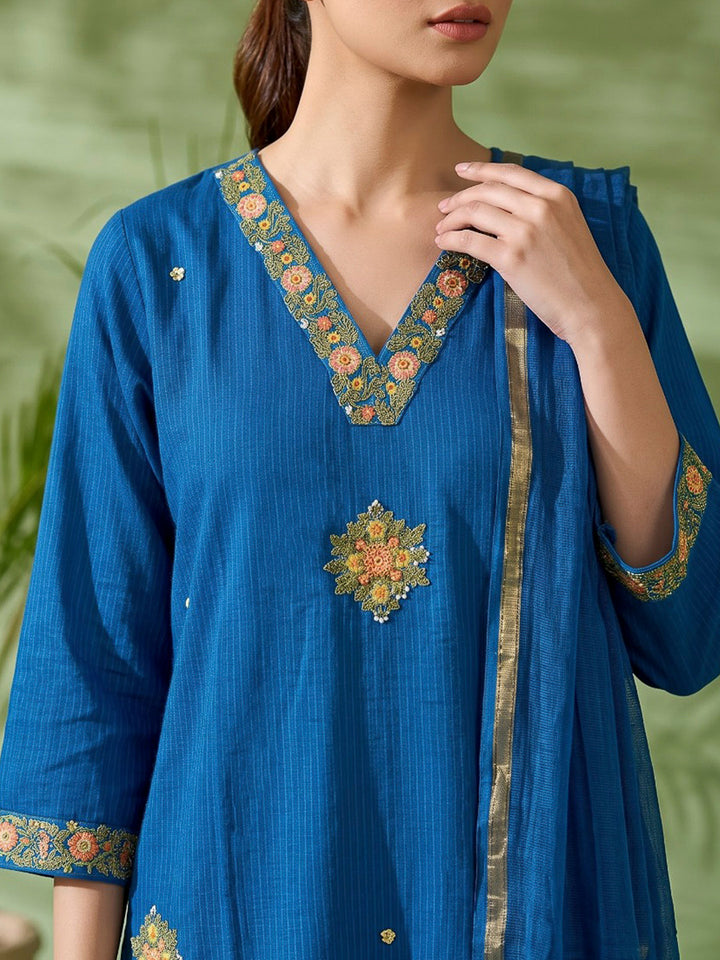Blue Printed Cotton Blend Kurta With Pant &amp; Dupatta