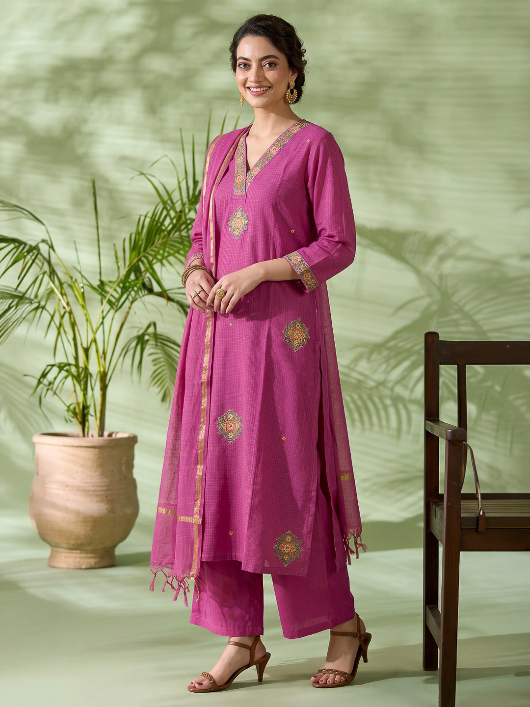 Pink Printed Cotton Blend Kurta With Pant &amp; Dupatta