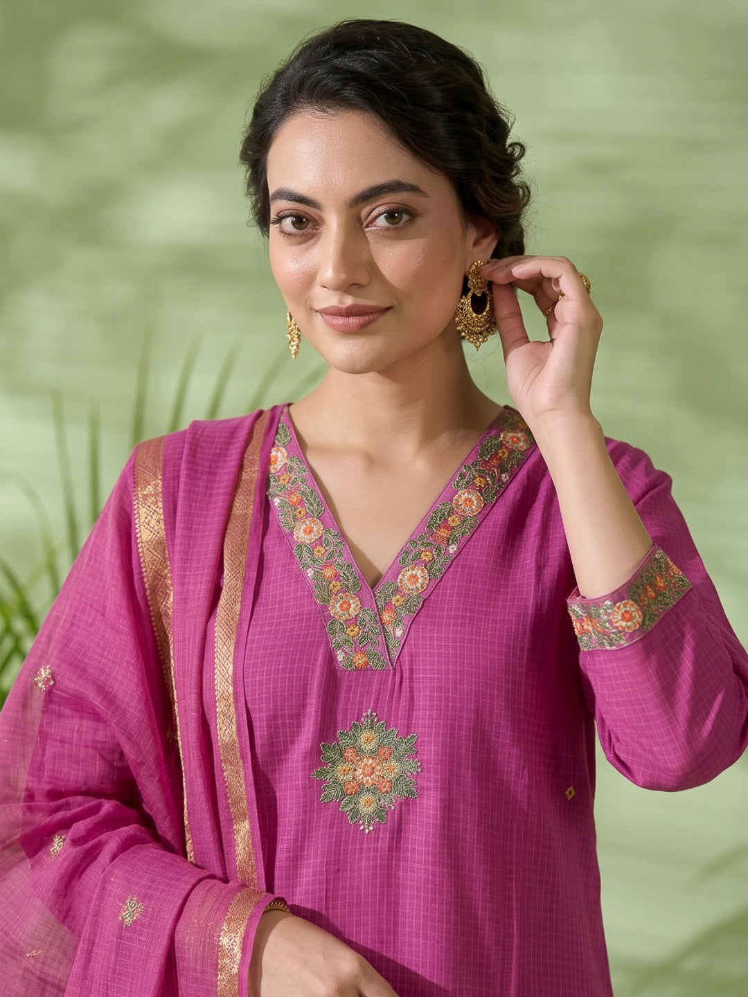 Pink Printed Cotton Blend Kurta With Pant &amp; Dupatta