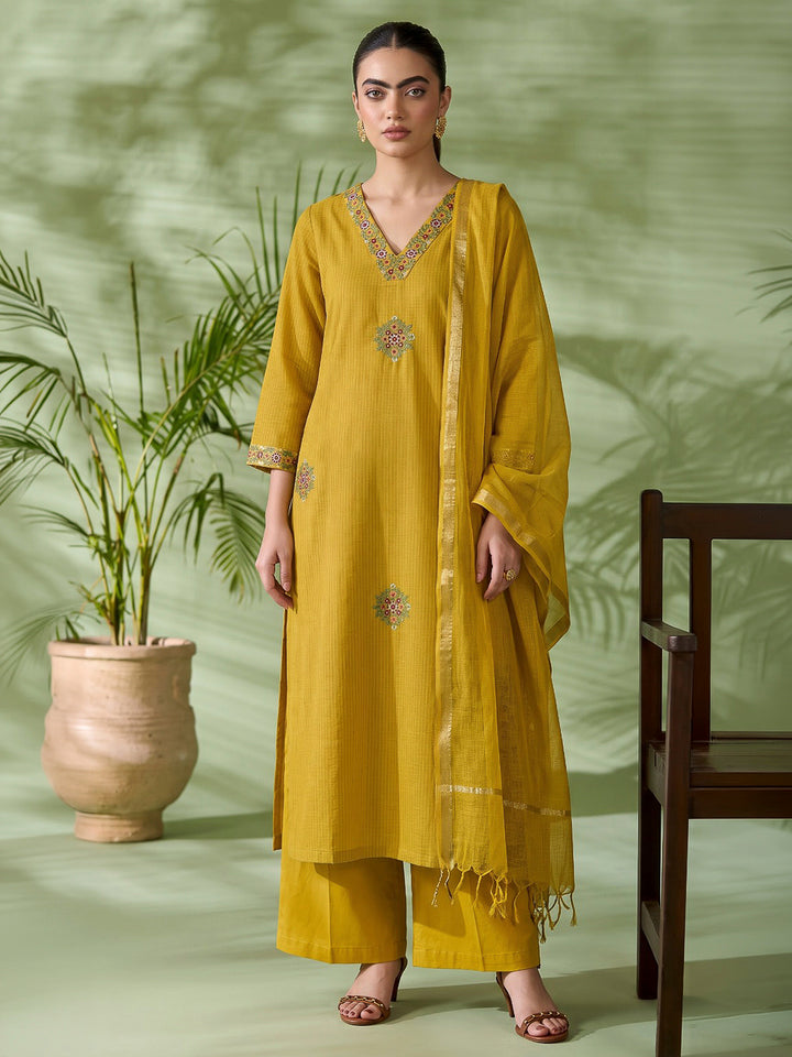 Yellow Printed Cotton Blend Kurta With Pant &amp; Dupatta