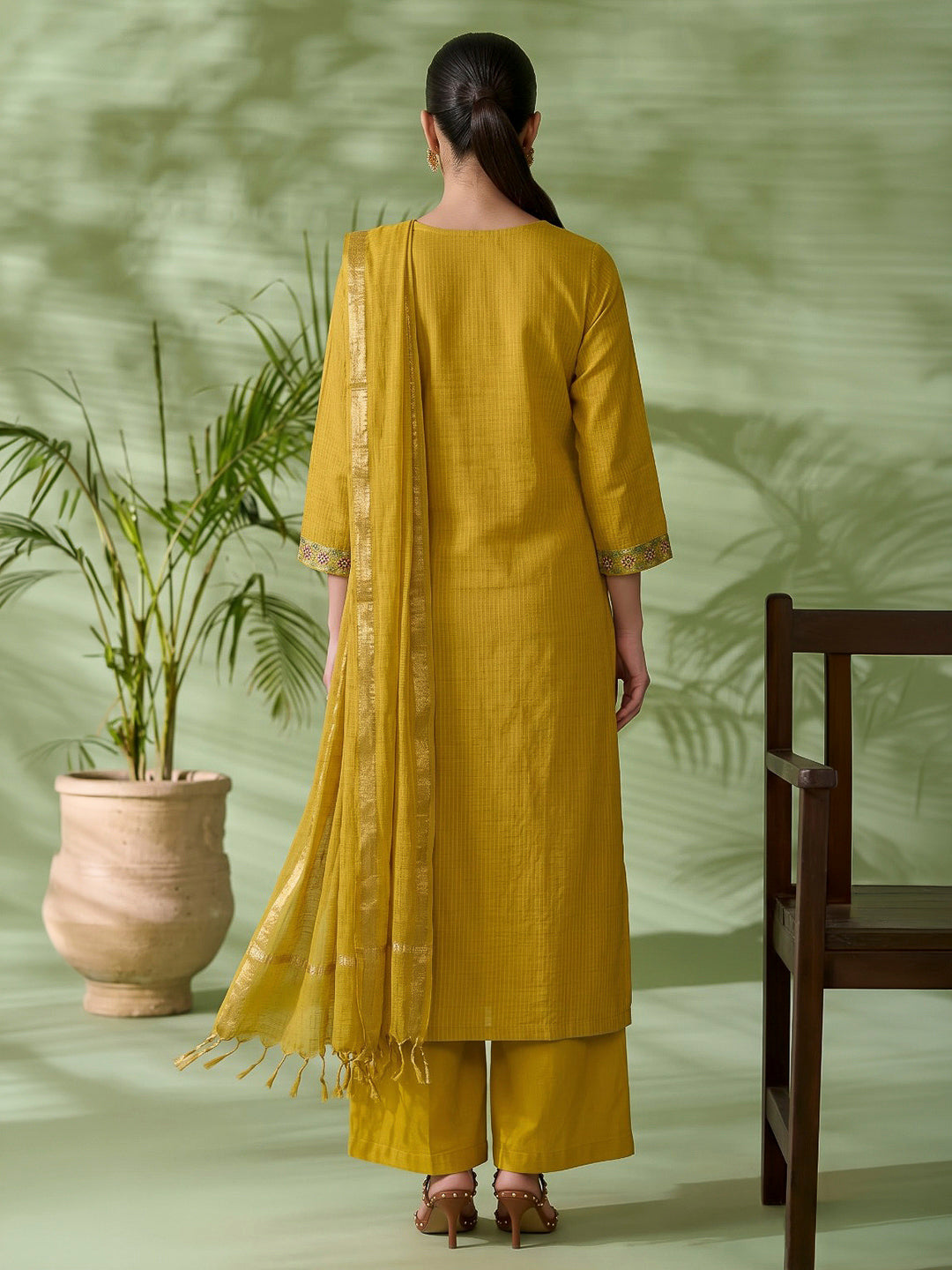Yellow Printed Cotton Blend Kurta With Pant &amp; Dupatta