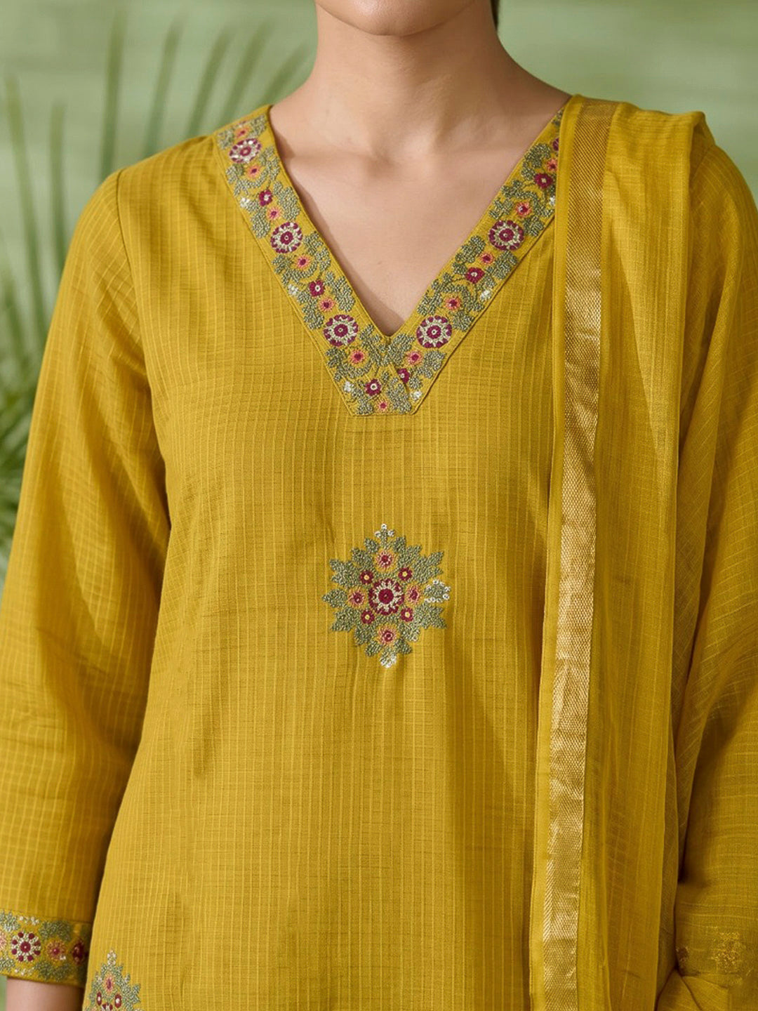 Yellow Printed Cotton Blend Kurta With Pant &amp; Dupatta