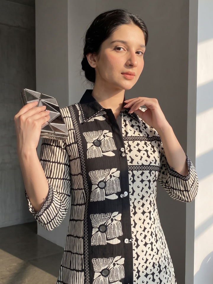Black Printed Cotton Blend Kurta Set