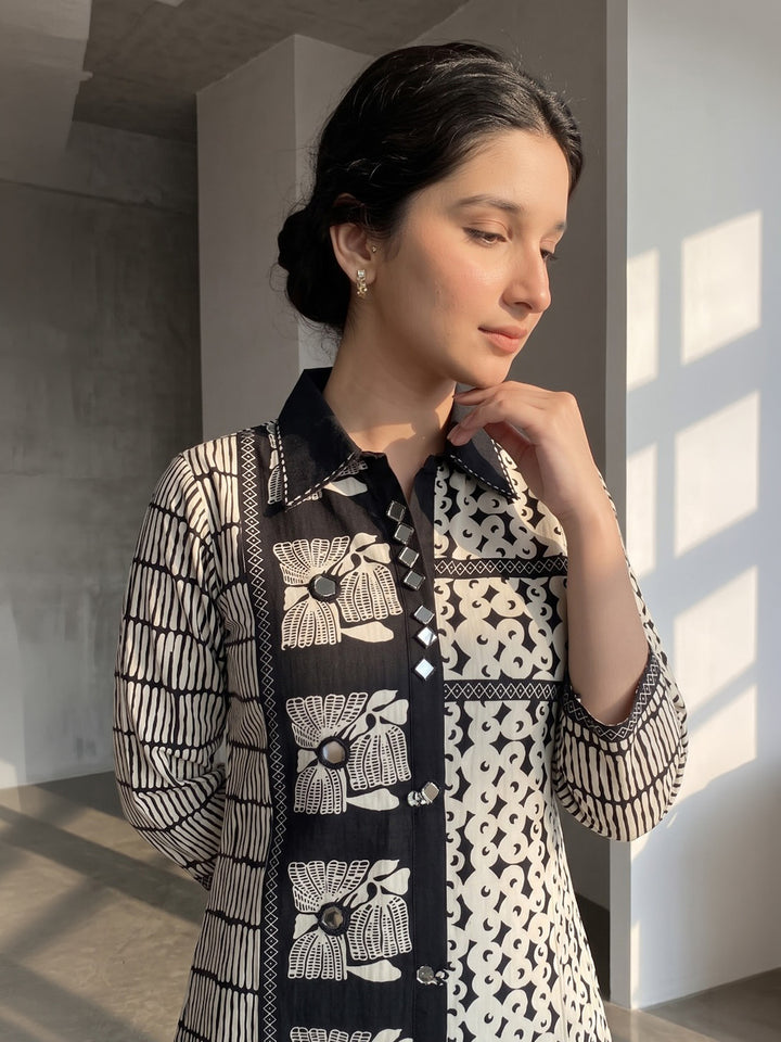 Black Printed Cotton Blend Kurta Set