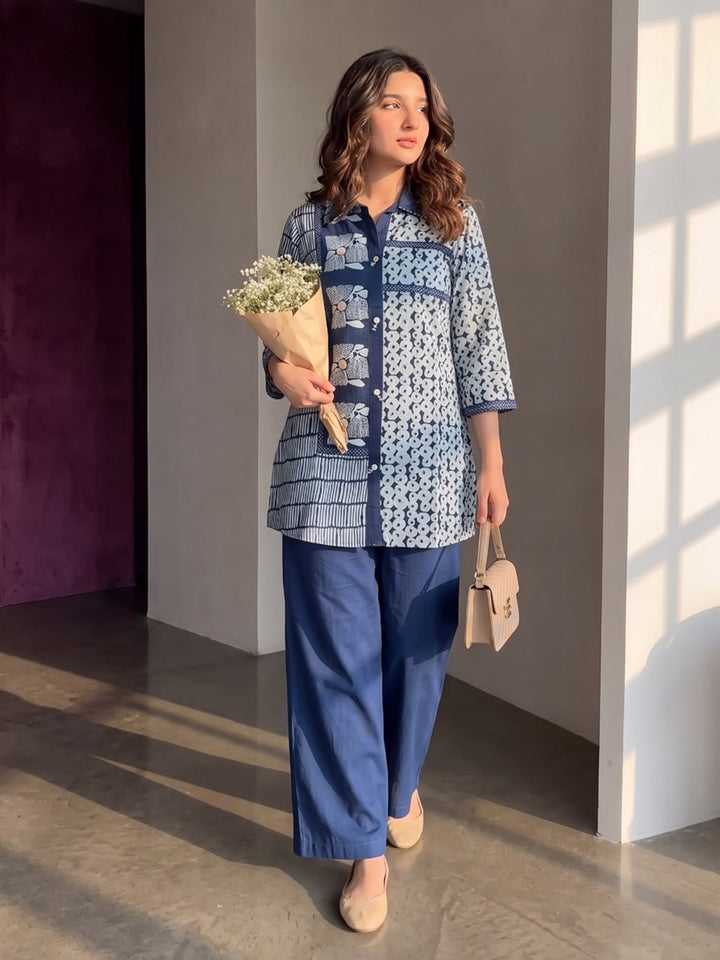 Navy Blue Printed Cotton Blend Kurta Set