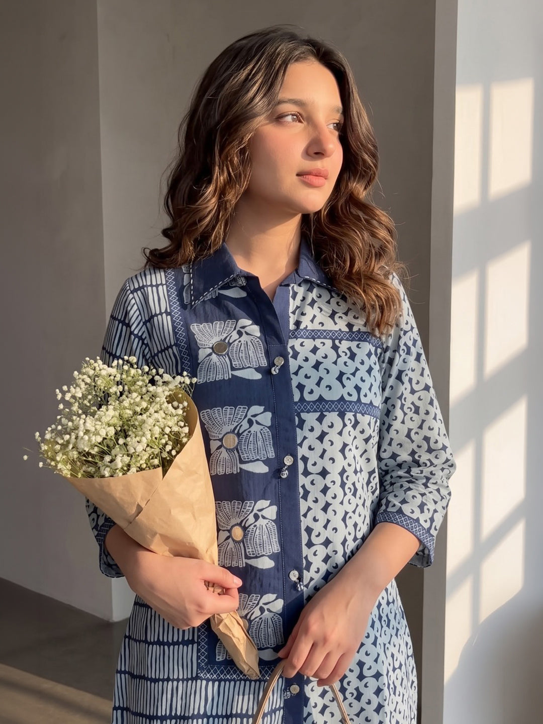 Navy Blue Printed Cotton Blend Kurta Set