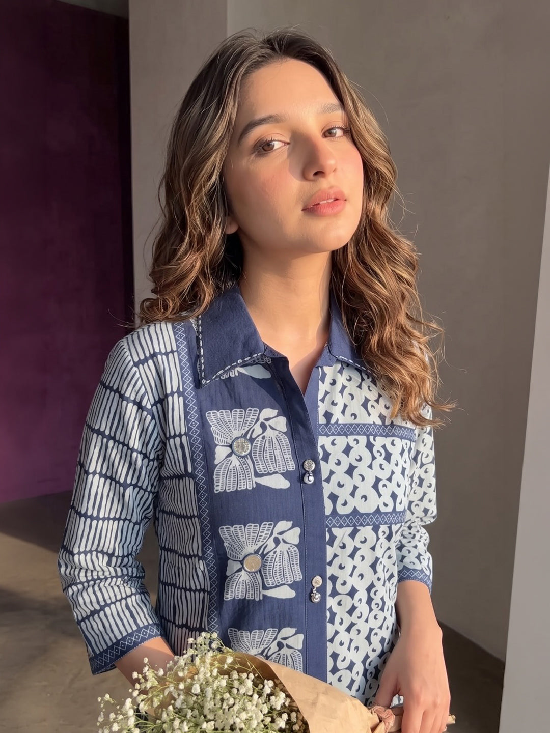 Navy Blue Printed Cotton Blend Kurta Set
