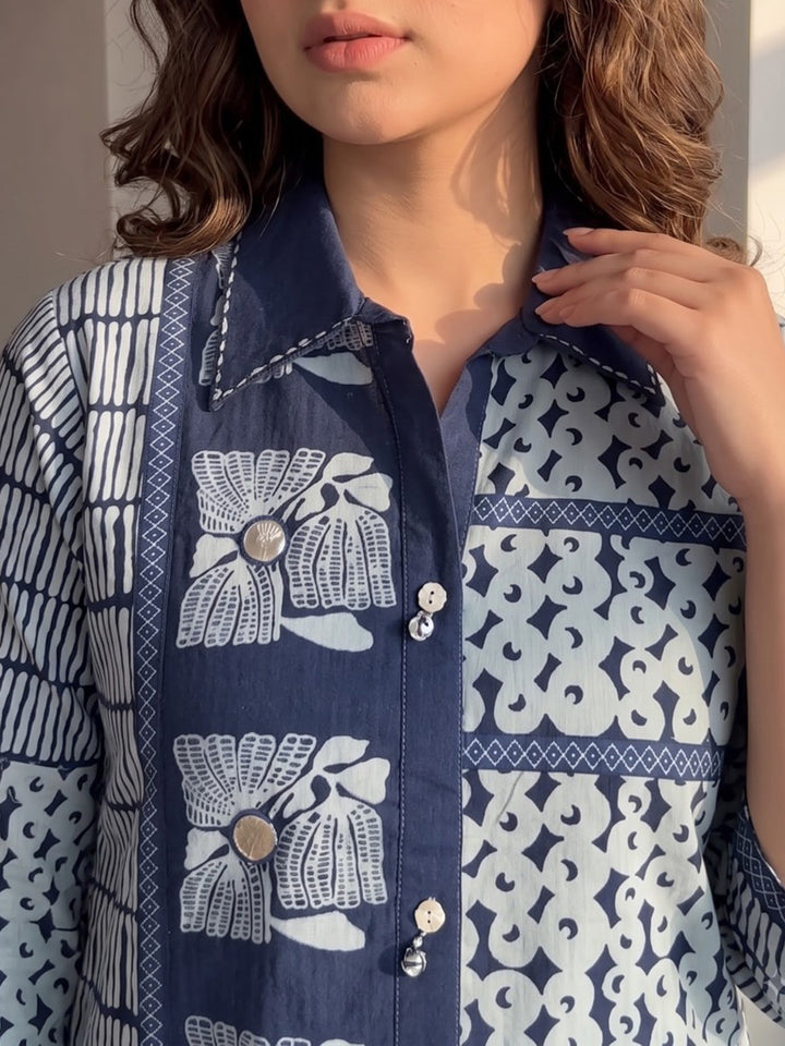 Navy Blue Printed Cotton Blend Kurta Set
