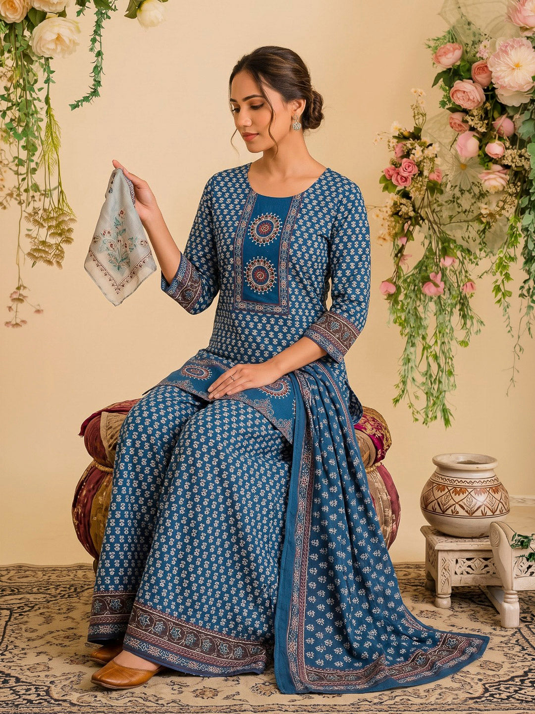 Blue Printed Cotton Blend Kurta With Pant &amp; Dupatta