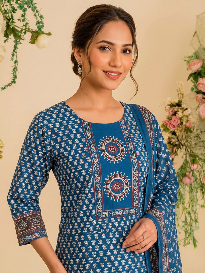 Blue Printed Cotton Blend Kurta With Pant &amp; Dupatta