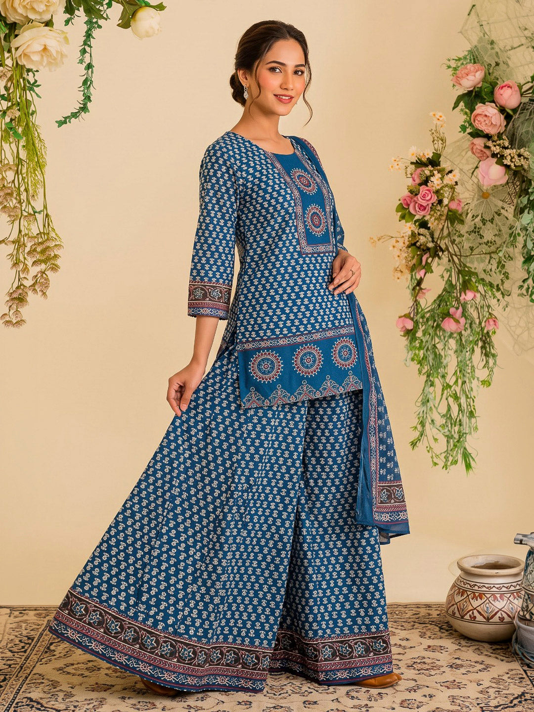 Blue Printed Cotton Blend Kurta With Pant &amp; Dupatta